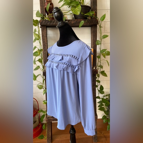 Loft: Blue Blouse with Ruffle Trim and  Embroidered Cutout - Picture 13 of 17
